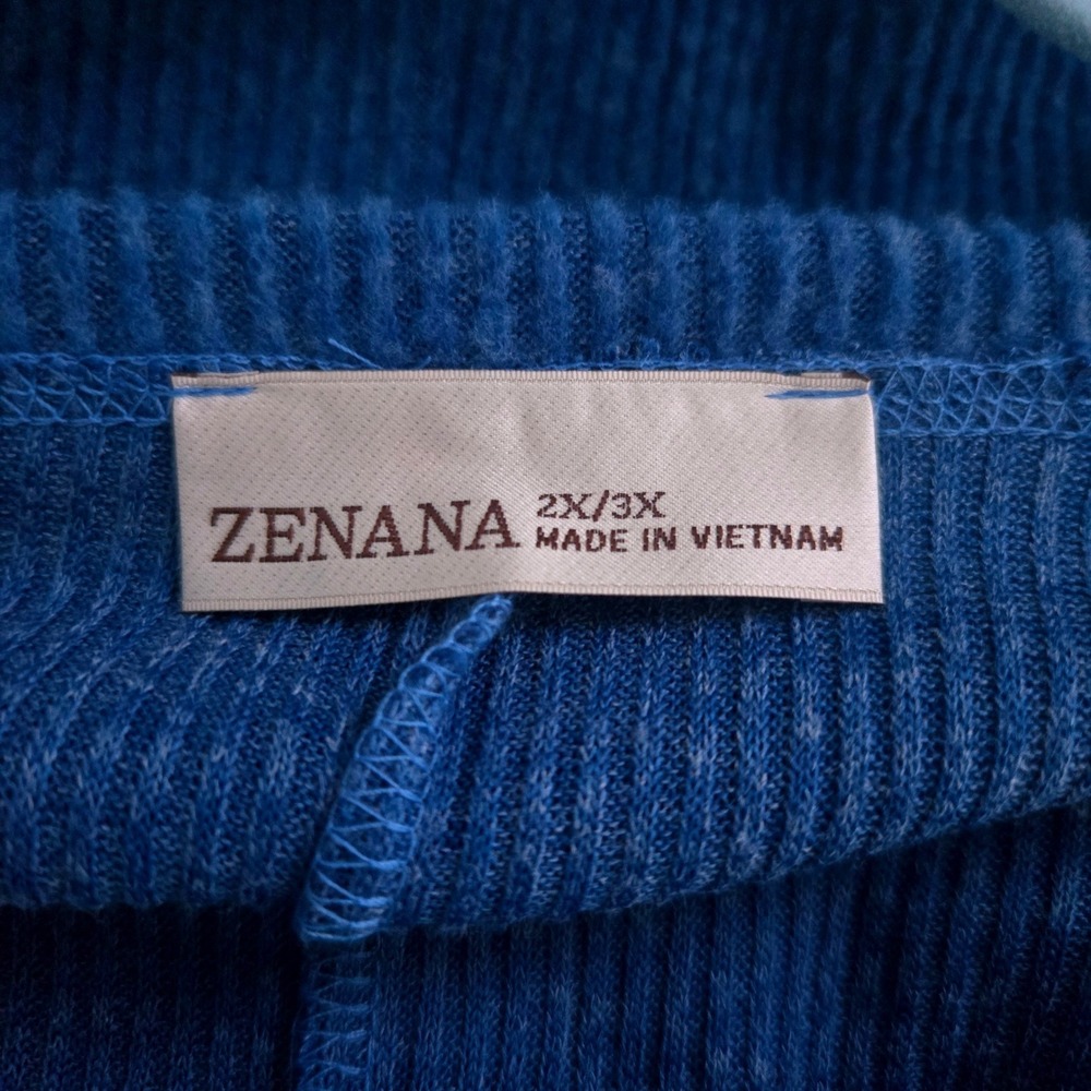 Zenana Blue Ribbed Long Sleeve Pocket Top Oversized Crew Neck 2X/3X HT-2221X5 - Picture 4 of 6